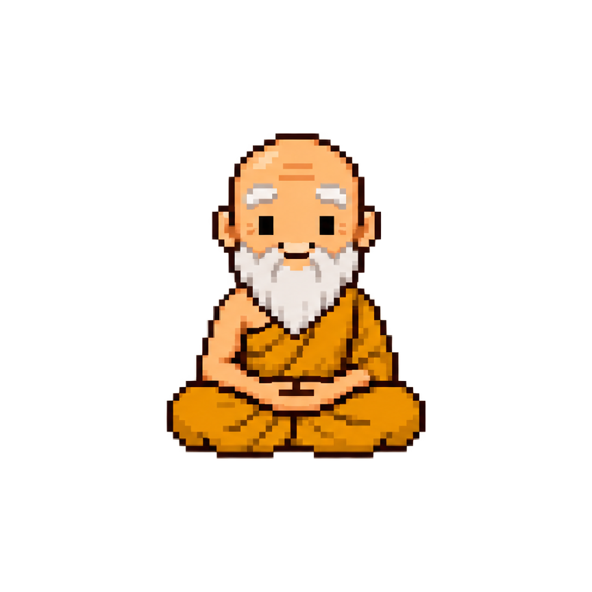 Un piccolo monaco in pixel art, seduto in meditazione