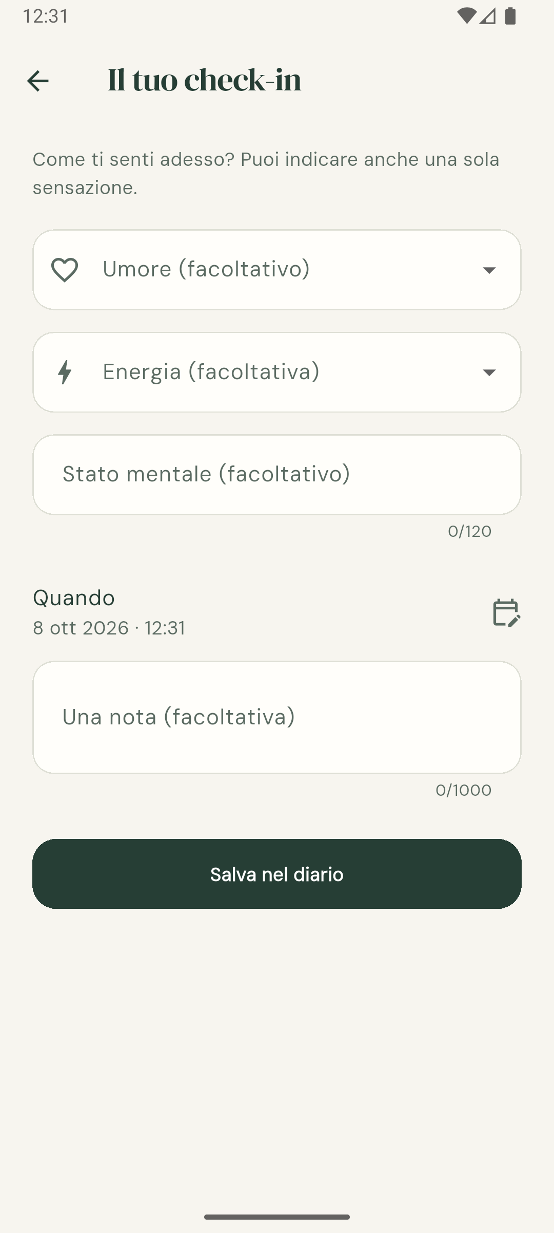 Il check-in per annotare umore, energia e stato mentale