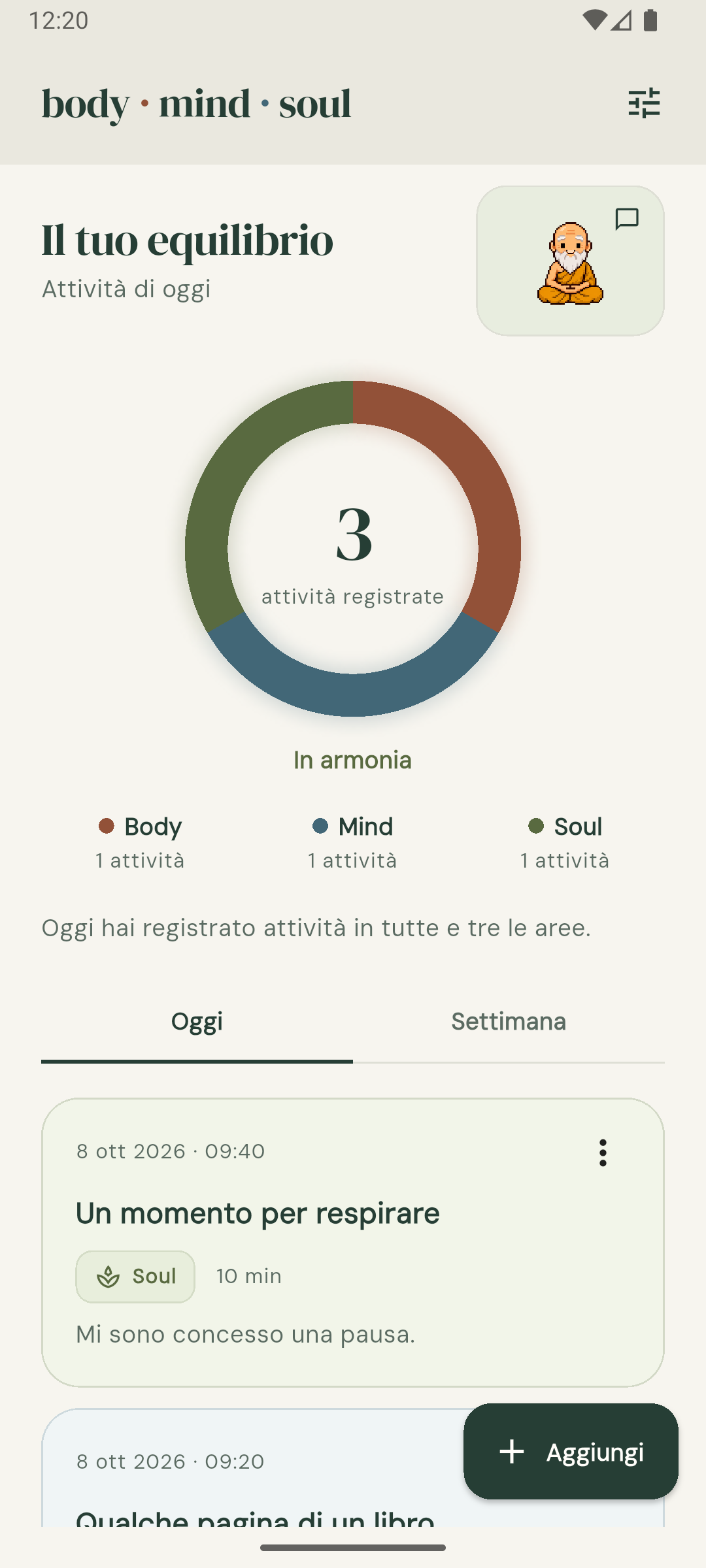 Il diario con l’equilibrio Body, Mind e Soul e le attività della giornata