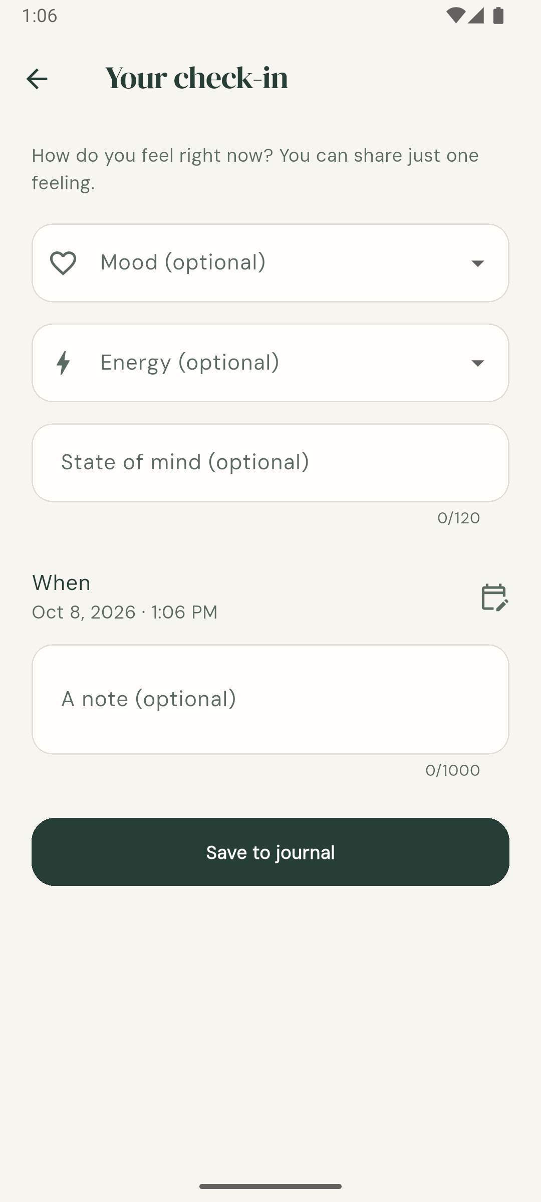 The check-in for recording your mood, energy and state of mind