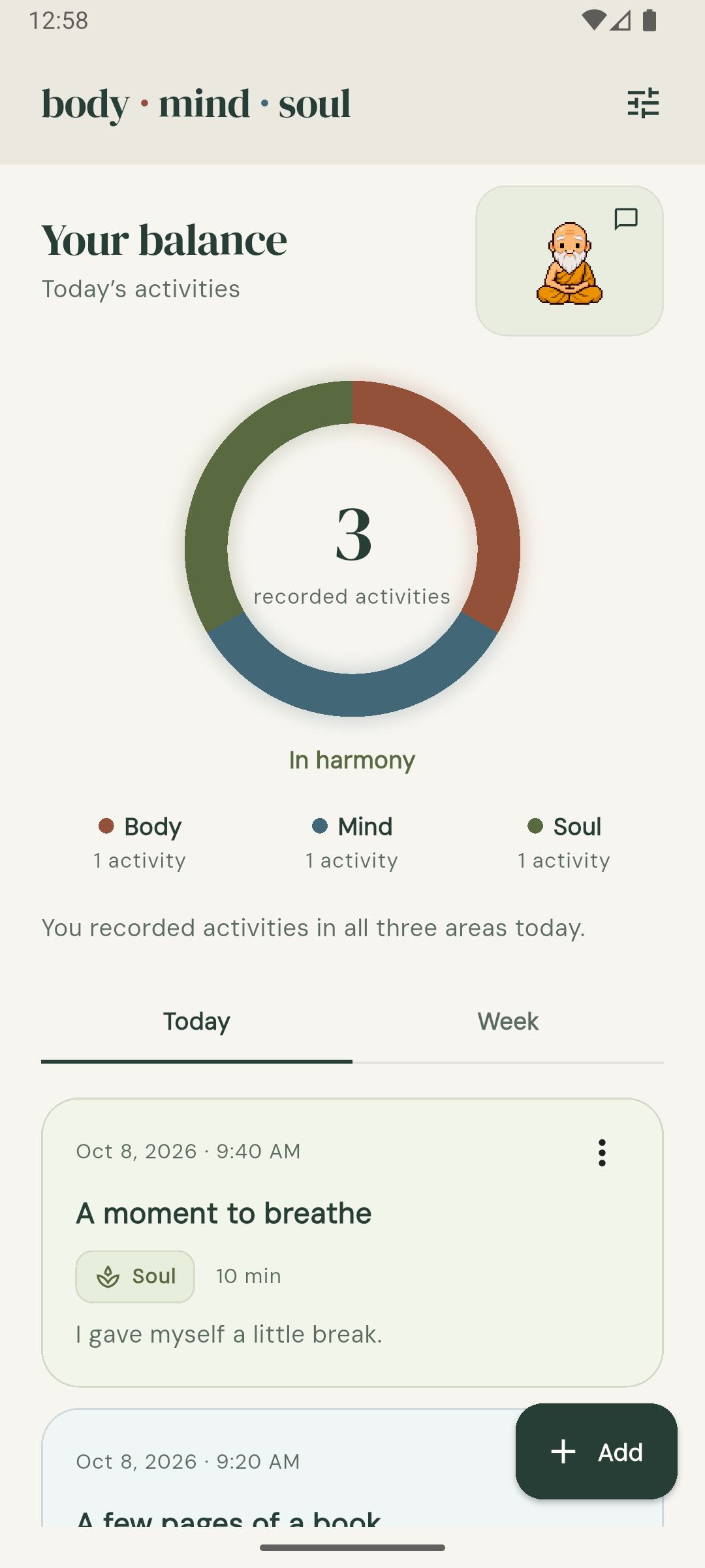 The journal showing Body, Mind and Soul balance and today’s activities
