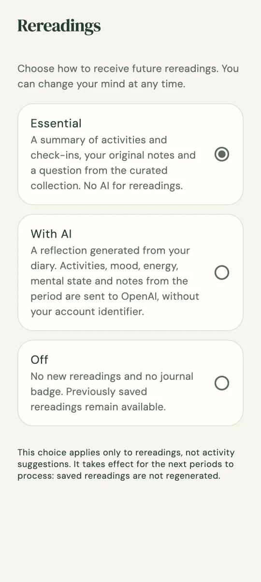 The three rereading modes in the app settings