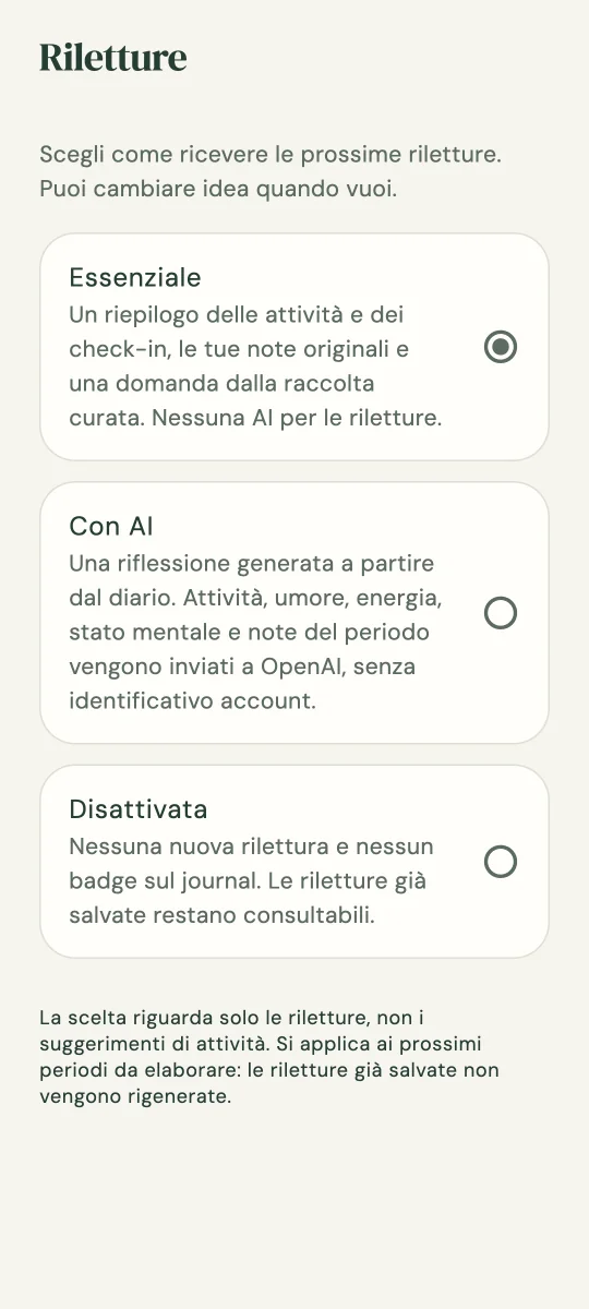 Le tre modalità di rilettura nelle impostazioni dell’app